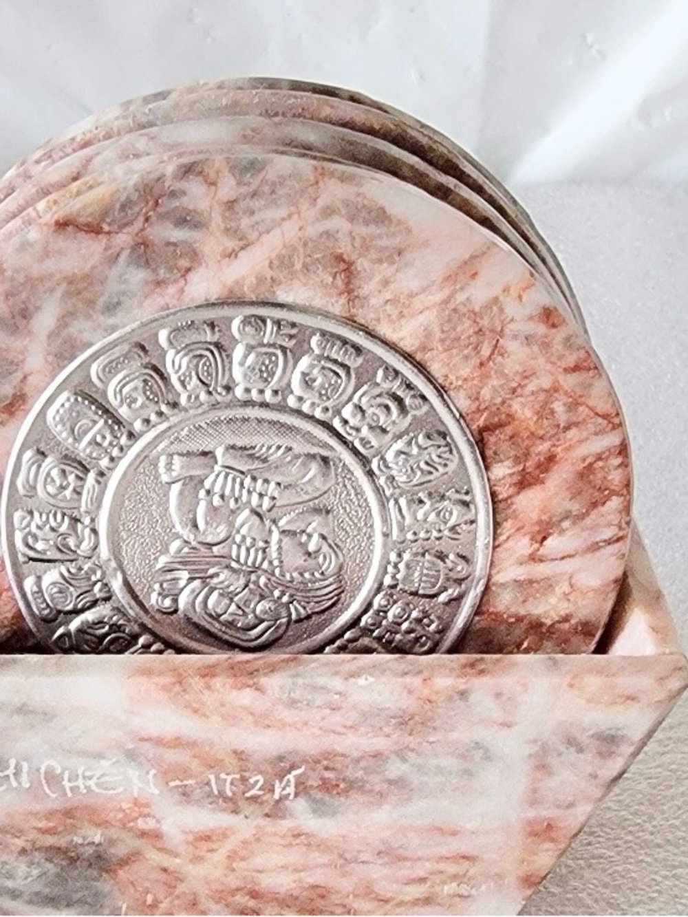 Chichen Itza Pink Marble Coasters W/ Silver Vintage Spanish Set of Five 5